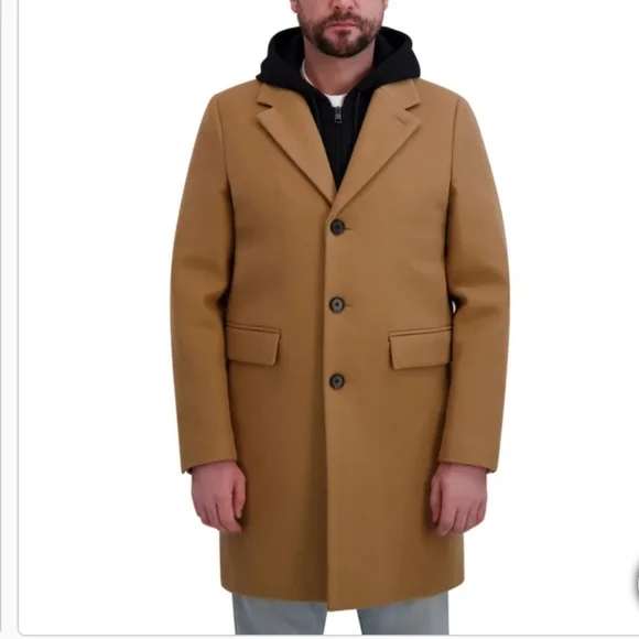 DKNY Mens Overcoat Tan Faux Wool Pockets Removable Bib Hood HeavyweightNwt